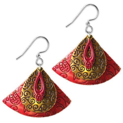 Jody Coyote Festival Red Fan and Bronze Teardrop Dangles Earring
