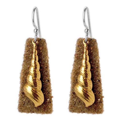 Jody Coyote Coastal Dunes Gold Trumpet Shells On Sandy Trapezoid Backplate Earring