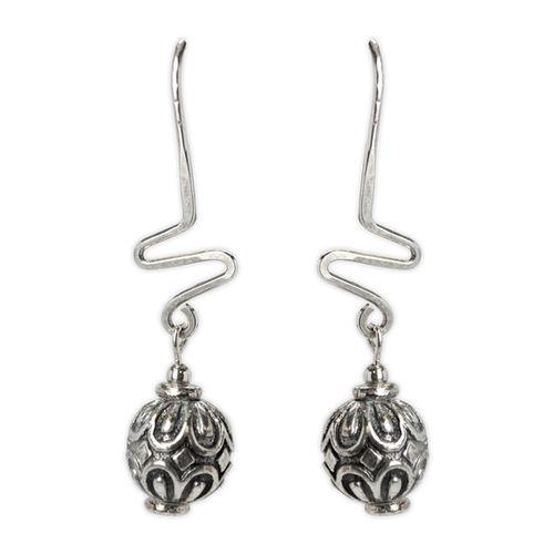 Jody Coyote Harmony Ball Silver Sculpted Round Bead On Zigzag Wire Earring