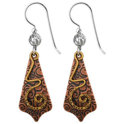 Jody Coyote Esemble Brown Etched Pointed Drop Shield with Gold Spiral Earring