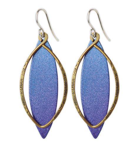 Jody Coyote Sapphire Flame Blue Purple Metal Marquis Shield, Bronze Oval Earring